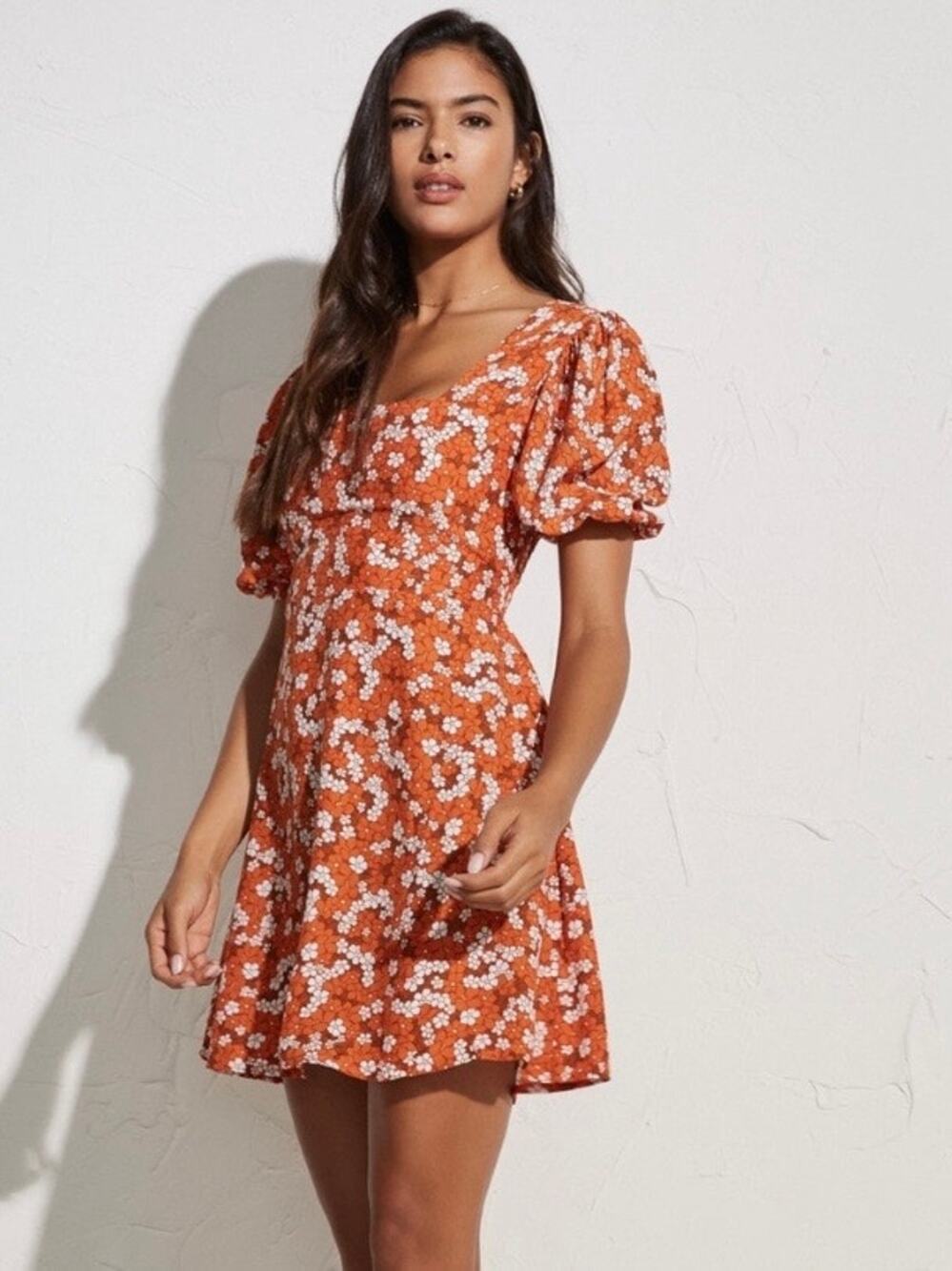 Faithfull The Brand Orange Brown Valencia Floral Allegra Mini Dress Sz.12